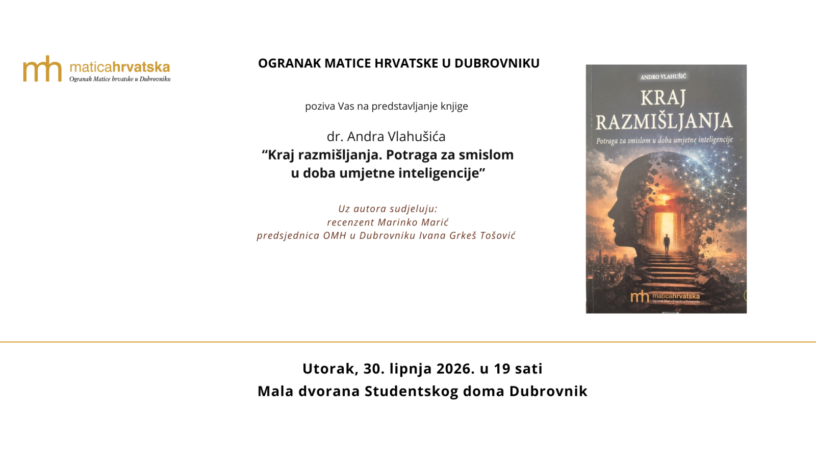 Andro Vlahušić „Kraj razmišljanja. Potraga za smislom u doba umjetne inteligencije.“ 